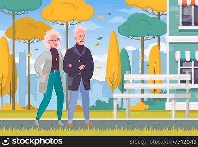 Elderly senior couple walking hand in hand outdoor cartoon composition autumn weather city background vector illustration. Elderly People Outdoor Cartoon