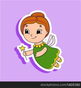 Elderly tooth fairy in a dress with wings and a magic wand. Bright color sticker. Cartoon character. Vector illustration. Design element. With white contour.