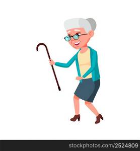 Elderly Woman Dancing Dance With Stick Vector. Old Caucasian Grandmother Funny Leisure Time On Dancing Floor. Happiness Character Aged Lady Relaxation And Satisfaction Flat Cartoon Illustration. Elderly Woman Dancing Dance With Stick Vector