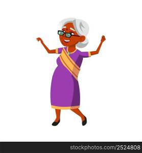 Elderly Woman Dancing Indian National Dance Vector. Grandmother Wearing India Traditional Dress Performing Attractive Motion On Festival. Character Grandma Enjoyment Flat Cartoon Illustration. Elderly Woman Dancing Indian National Dance Vector