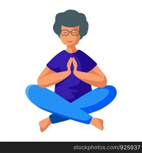 Elderly woman doing yoga in lotus pose, old lady doing sport exercise and meditation. Female flat character, isolated figure on white background, vector illustration. Yoga Different People