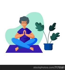 Elderly woman doing yoga in lotus pose on mat, old lady doing sport exercise and meditation. Female flat character and potted flower on white background, vector illustration. Yoga Different People