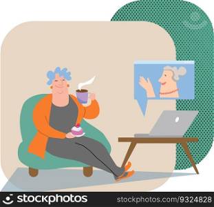 Elderly woman drinking coffee and chatting with her friend via video call