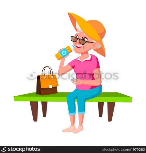 Elderly Woman Drinking Soda Water In Park Vector. Caucasian Old Lady Sitting On Park Bench And Drinking Refreshment Sweet Water From Bottle. Character Enjoy Juicy Beverage Flat Cartoon Illustration. Elderly Woman Drinking Soda Water In Park Vector