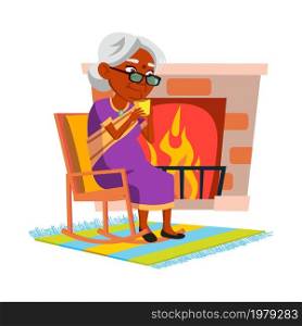 Elderly Woman Drinking Tea In Living Room Vector. Indian Old Lady Sitting In Chair Near Fireplace And Drink Hot Tea. Character Mature Person Enjoy Delicious Beverage At Home Flat Cartoon Illustration. Elderly Woman Drinking Tea In Living Room Vector
