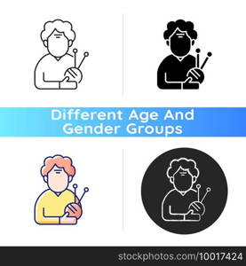 Elderly woman icon. Old female pensioner. 60-65 years old. Facial aging. Wrinkles, dullness. Disease conditions in elderly. Linear black and RGB color styles. Isolated vector illustrations. Elderly woman icon