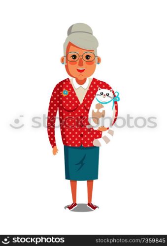 Elderly woman in red jacket with home cat, grandmother vector of granny with cute domestic kitten pet isolated on white background, lady on retirement. Elderly Woman in Red jacket Pet Cat, Grandmother