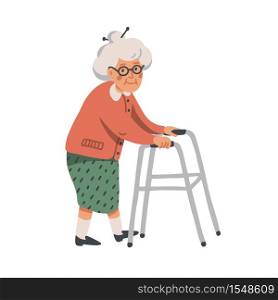 Elderly woman. Old lady character with paddle walker on white background. Nursing home. Senior woman flat Vector illustration. Elderly woman. Old lady character with paddle walker on white background. Senior woman flat Vector illustration.