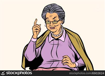 elderly woman pointing finger up, isolated on white background. Pop art retro vector illustration. elderly woman pointing finger up, isolated on white background
