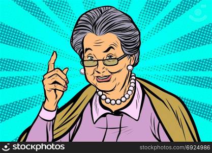 elderly woman pointing finger up. Pop art retro vector illustration. elderly woman pointing finger up