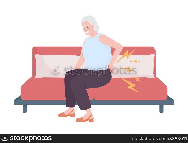 Elderly woman suffering from lower back pain semi flat color vector character. Editable figure. Full body person on white. Simple cartoon style illustration for web graphic design and animation. Elderly woman suffering from lower back pain semi flat color vector character