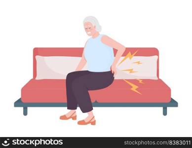 Elderly woman suffering from lower back pain semi flat color vector character. Editable figure. Full body person on white. Simple cartoon style illustration for web graphic design and animation. Elderly woman suffering from lower back pain semi flat color vector character