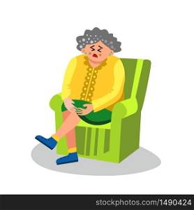 Elderly Woman With Arthritis Sit In Chair Vector. Sad Mature Lady Suffering From Painful Knee Joint Seated In Armchair. Disease And Problem With Health, Leg Pain Flat Cartoon Illustration. Elderly Woman With Arthritis Sit In Chair Vector