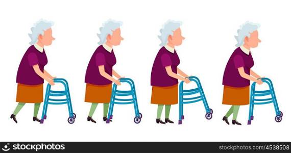 Elderly Woman with Walking Frame Illustration. Elderly gray-haired woman moving with help of front-wheeled walker. Isolated vector illustration on white. Metal tool designed to assist walking