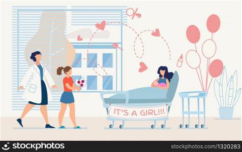 Eldest Daughter Greeting Mom with Newborn Sister. Doctor in Uniform with Girl Entering in Festive Decorated Hospital Ward. Mother Lying with Baby on Bed. Vector Cartoon Flat illustration. Eldest Daughter Greeting Mom with Newborn Sister