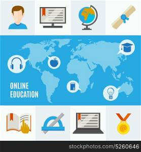 Elearning Flat Concept. Elearning flat concept with online education headline and idea of learning anywhere in the world vector illustration