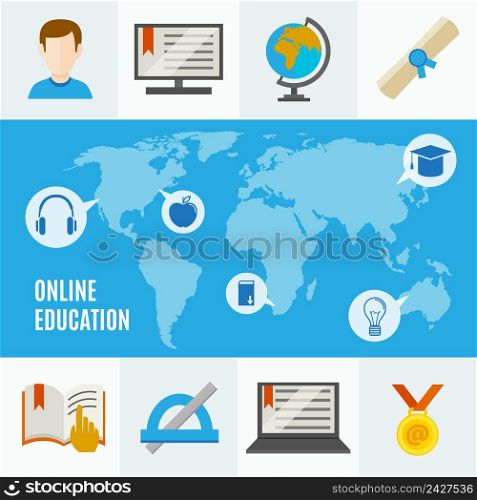 Elearning flat concept with online education headline and idea of learning anywhere in the world vector illustration. Elearning Flat Concept