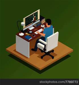 Elearning isometric composition with young man sitting home at computer and receiving distance learning vector illustration. Elearning Isometric Composition