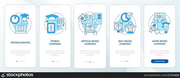 Elearning methods blue onboarding mobile app screen. Digital education walkthrough 5 steps graphic instructions pages with linear concepts. UI, UX, GUI template. Myriad Pro-Bold, Regular fonts used. Elearning methods blue onboarding mobile app screen