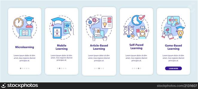 Elearning methods onboarding mobile app screen. Digital education walkthrough 5 steps graphic instructions pages with linear concepts. UI, UX, GUI template. Myriad Pro-Bold, Regular fonts used. Elearning methods onboarding mobile app screen