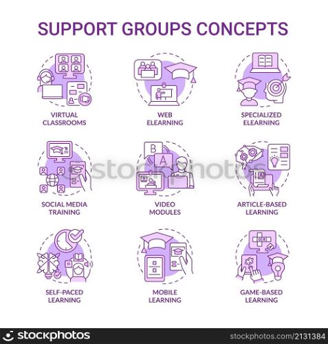 Elearning platform and techniques purple concept icons set. Online education idea thin line color illustrations. Isolated outline drawings. Editable stroke. Roboto-Medium, Myriad Pro-Bold fonts used. Elearning platform and techniques purple concept icons set