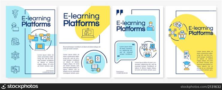 Elearning platforms blue and yellow brochure template. Booklet print design with linear icons. Vector layouts for presentation, annual reports, ads. Questrial, Lato-Regular fonts used. Elearning platforms blue and yellow brochure template