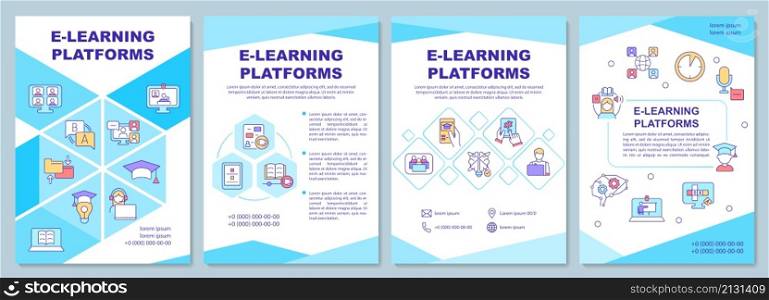 Elearning platforms brochure template. Online education. Booklet print design with linear icons. Vector layouts for presentation, annual reports, ads. Arial-Black, Myriad Pro-Regular fonts used. Elearning platforms brochure template