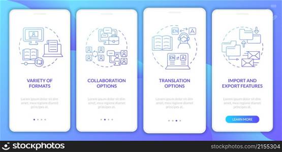 Elearning platforms features blue gradient onboarding mobile app screen. Walkthrough 4 steps graphic instructions pages with linear concepts. UI, UX, GUI template. Myriad Pro-Bold, Regular fonts used. Elearning platforms features blue gradient onboarding mobile app screen