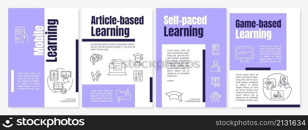 Elearning platforms types purple brochure template. Online education. Booklet print design with linear icons. Vector layouts for presentation, annual reports, ads. Anton, Lato-Regular fonts used. Elearning platforms types purple brochure template