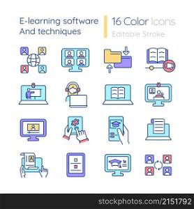 Elearning software and techniques RGB color icons set. Online education. Isolated vector illustrations. Simple filled line drawings collection. Editable stroke. Quicksand-Light font used. Elearning software and techniques RGB color icons set