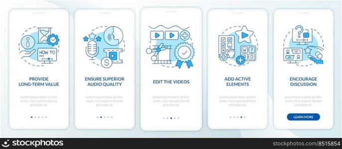 Elearning video tips blue onboarding mobile app screen. Walkthrough 5 steps editable graphic instructions with linear concepts. UI, UX, GUI template. Myriad Pro-Bold, Regular fonts used. Elearning video tips blue onboarding mobile app screen