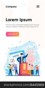 Election and political campaign. Politician speaker, candidate, voting citizens, ballot paper. Flat vector illustration for democracy, society, referendum concepts