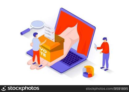Election and voting concept in 3d isometric design. People vote in elections, put marked ballot in ballot box or leave their choice online. Vector illustration with isometry scene for web graphic