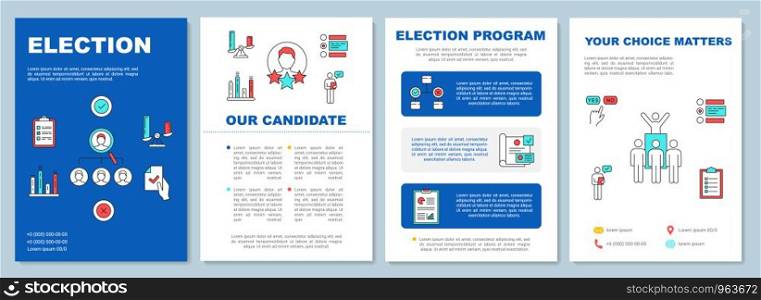 Election brochure template layout. Candidate and voting program. Flyer, booklet, leaflet print design, linear illustrations. Vector page layouts for magazines, annual reports, advertising posters