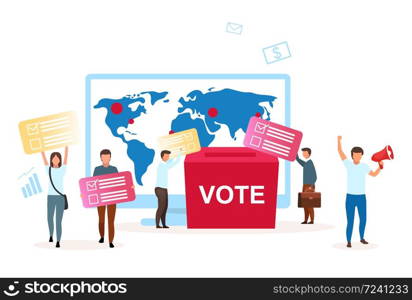 Election campaign flat vector illustration. Political system metaphor. Choosing president, parliament. Encouraging to vote. Act of democracy. Voting for new leader cartoon characters. Election campaign flat vector illustration