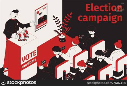 Election campaign isometric composition with view of press conference with speaking candidate and party member characters vector illustration