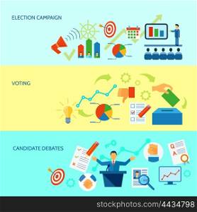 Election Campaign Process Banner. Election campaign debate and voting process diagramm banner set in yellow and blue background vector illustration