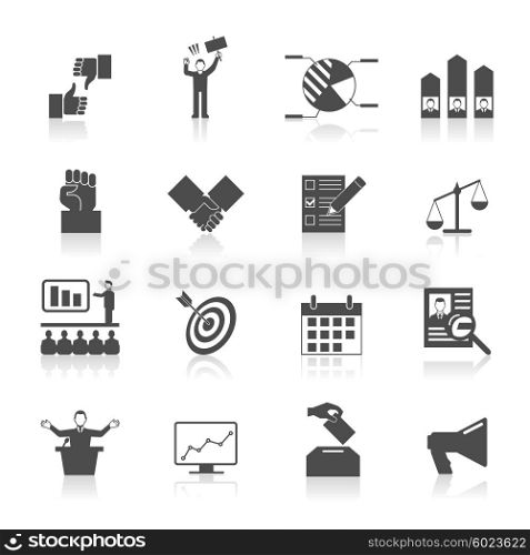Election Icons Set. Politic icons set with election symbol voting diagram in black and white vector illustration