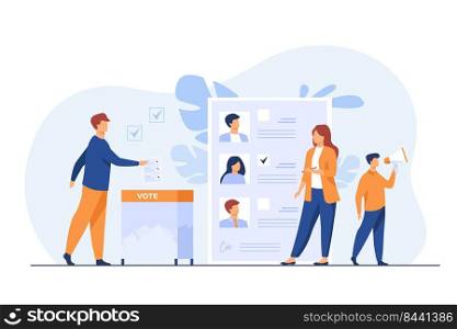 Election or referendum campaign. Citizens voting for candidates, inserting survey form to ballot box. Vector illustration for democracy, vote polling, choice, society, constitution concept