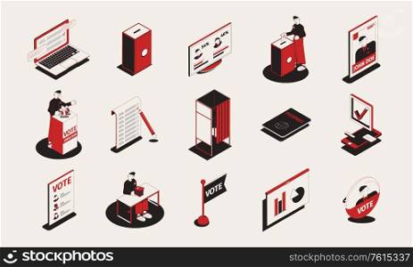 Election set with isometric icons and isolated images of voting symbols ballot papers cabins and ads vector illustration