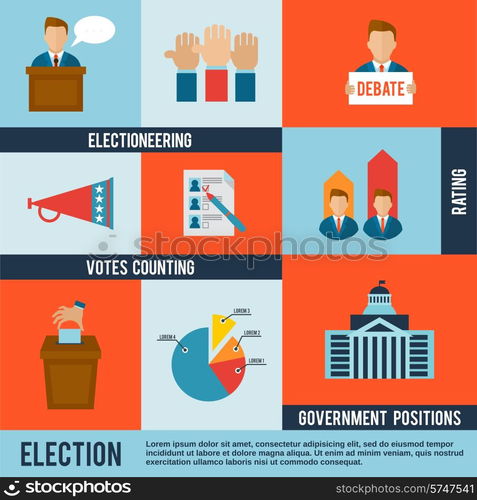 Election votes counting debate and rating icon flat set isolated vector illustration