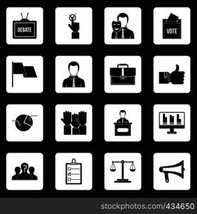 Election voting icons set in white squares on black background simple style vector illustration. Election voting icons set squares vector