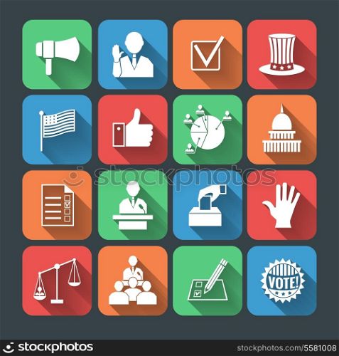 Elections and voting long shadow icons set of hand symbol president speech campaigning megaphone isolated vector illustration