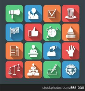 Elections and voting long shadow icons set of hand symbol president speech campaigning megaphone isolated vector illustration