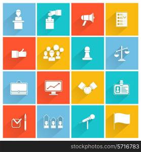 Elections and voting white icons set with briefcase id chart isolated vector illustration