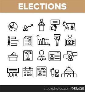 Elections Collection Elements Vector Icons Set Thin Line. Candidate And President, Newspaper And Tablet, Building And Elections Graph Concept Linear Pictograms. Monochrome Contour Illustrations. Elections Collection Elements Vector Icons Set