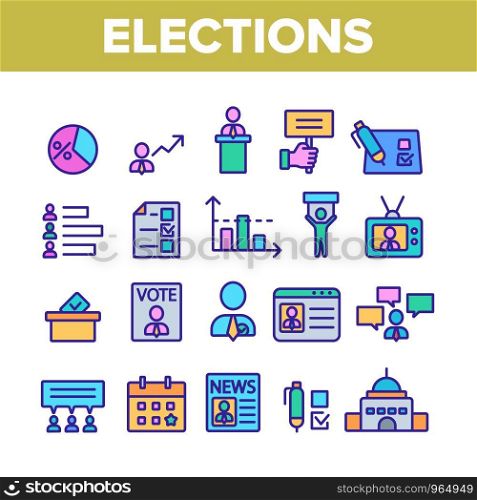 Elections Collection Elements Vector Icons Set Thin Line. Candidate And President, Newspaper And Tablet, Building And Elections Graph Concept Linear Pictograms. Color Contour Illustrations. Elections Color Elements Vector Icons Set