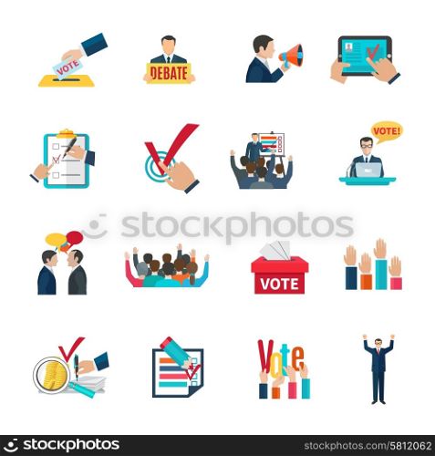 Elections icons set. Elections with voting debates and agitation icons set flat isolated vector illustration