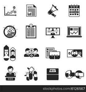 Elections Voting Icons Black Set. Elections black icons set with rating debate megaphone performances on tv and result of voting isolated vector illustration