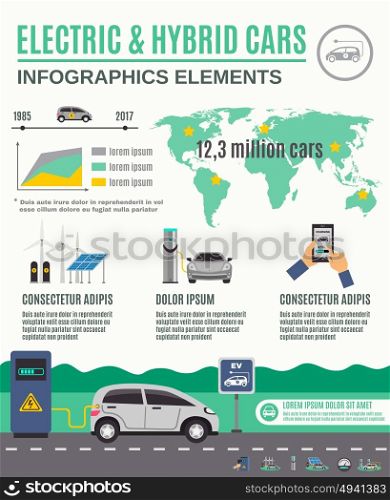 Electric And Hybrid Cars Infographic Poster . Electric vehicle and hybrid cars market growth infographic elements flat poster with clean electricity generation vector illustration